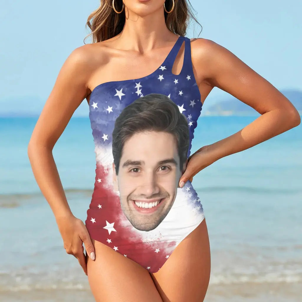 #Flagbathingsuit-4th of July Custom Face American Flag Style Women's One Shoulder Keyhole One Piece Swimsuit Custom Picture Bathing Suit Swimsuit The Next Custom Gift