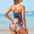 #Flagbathingsuit-4th of July Custom Face American Flag Style Women's One Shoulder Keyhole One Piece Swimsuit Custom Picture Bathing Suit Swimsuit The Next Custom Gift
