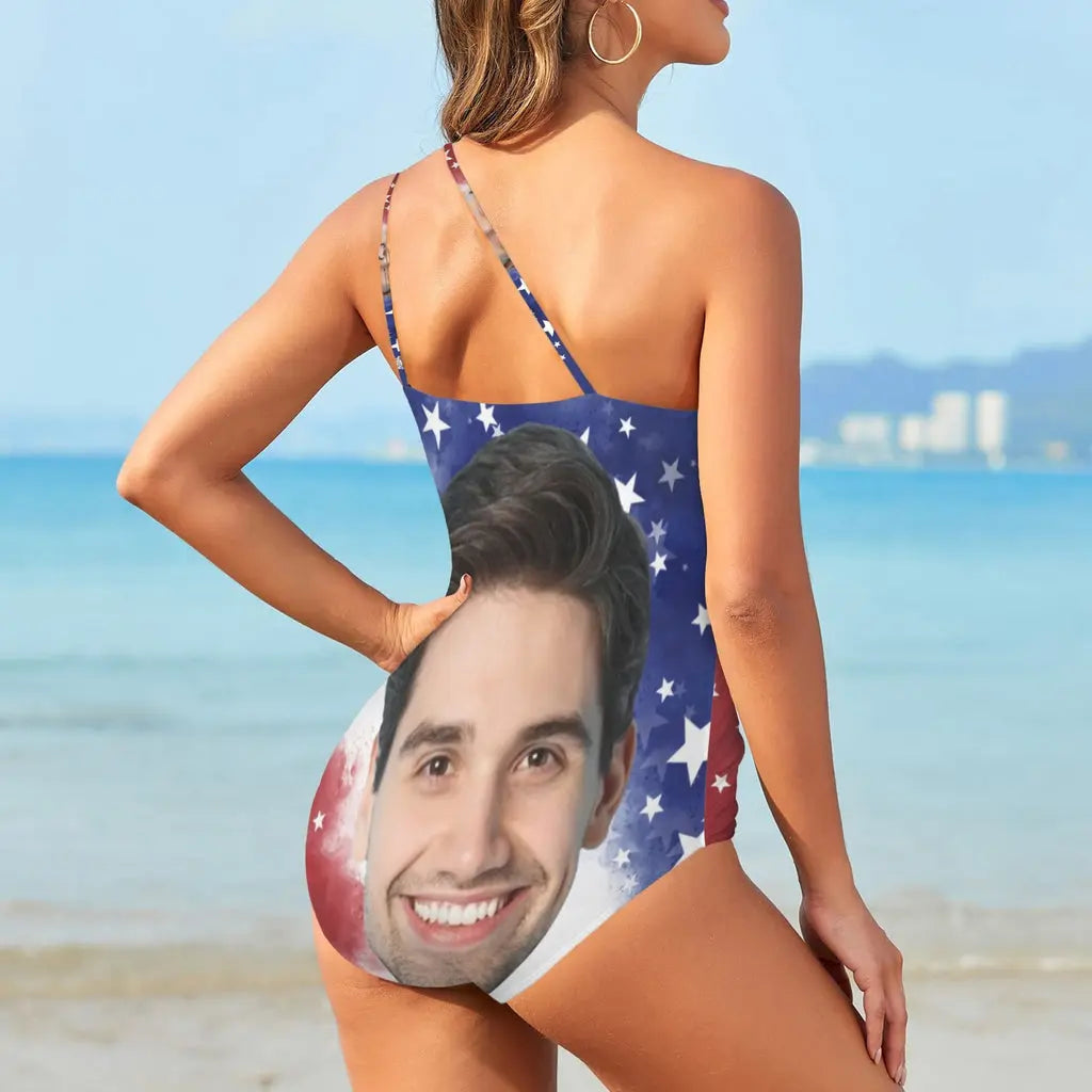 #Flagbathingsuit-4th of July Custom Face American Flag Style Women's One Shoulder Keyhole One Piece Swimsuit Custom Picture Bathing Suit Swimsuit The Next Custom Gift