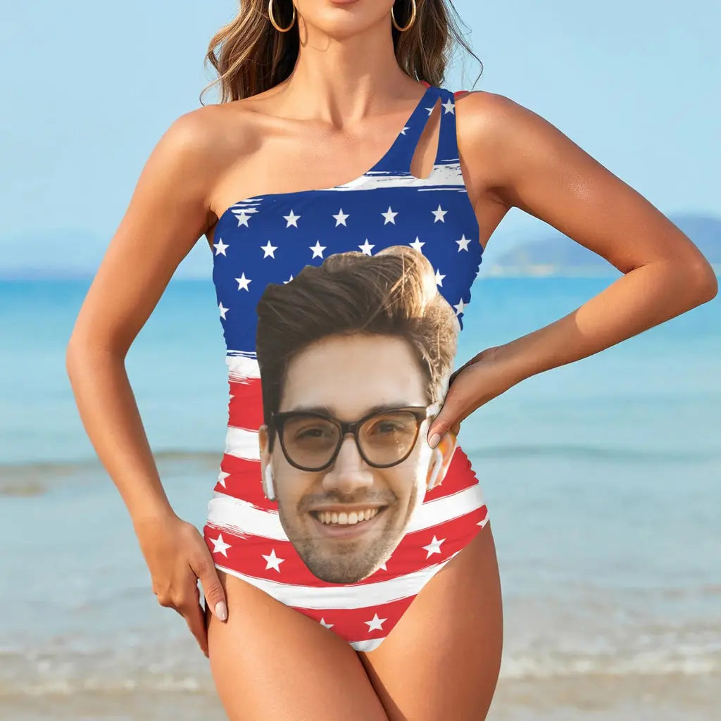 #Flagbathingsuit-4th of July Custom Face American Flag Style Women's One Shoulder Keyhole One Piece Swimsuit Custom Picture Bathing Suit Swimsuit The Next Custom Gift