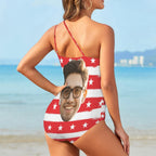 #Flagbathingsuit-4th of July Custom Face American Flag Style Women's One Shoulder Keyhole One Piece Swimsuit Custom Picture Bathing Suit Swimsuit The Next Custom Gift