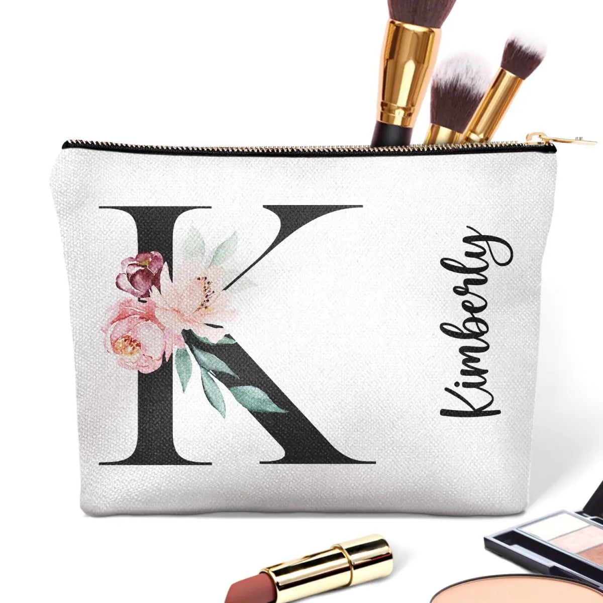 Floral Monogram - Gift For Her, Women - Personalized Cosmetic Bag Cosmetic Bag The Next Custom Gift