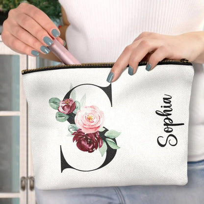 Floral Monogram - Gift For Her, Women - Personalized Cosmetic Bag