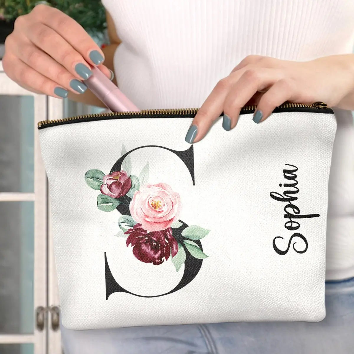 Floral Monogram - Gift For Her, Women - Personalized Cosmetic Bag Cosmetic Bag The Next Custom Gift