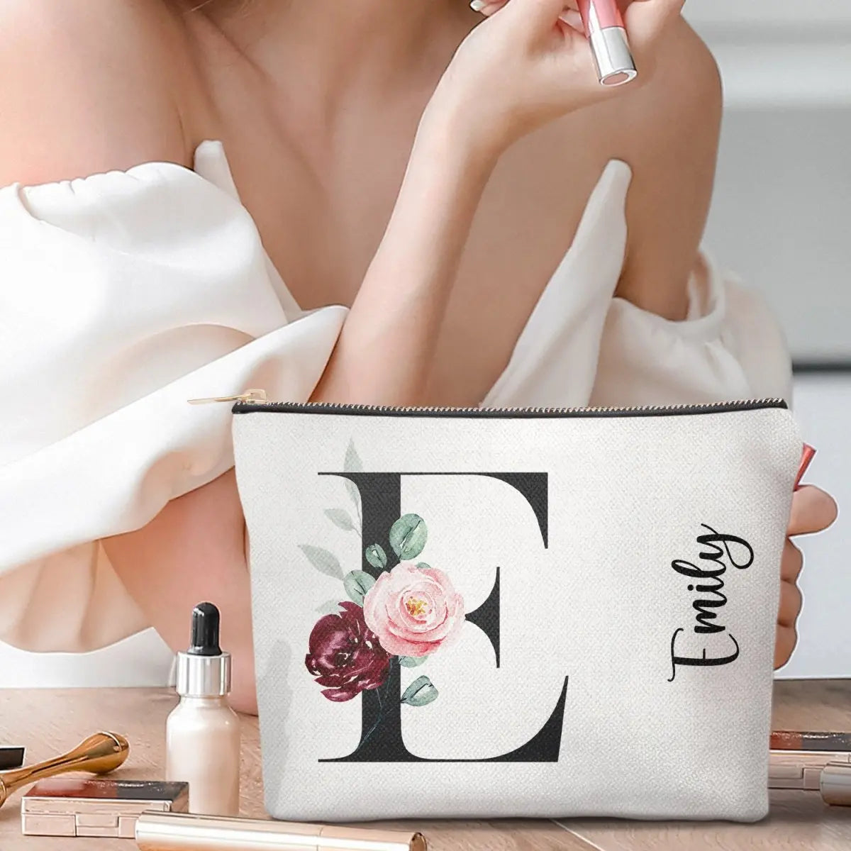 Floral Monogram - Gift For Her, Women - Personalized Cosmetic Bag Cosmetic Bag The Next Custom Gift