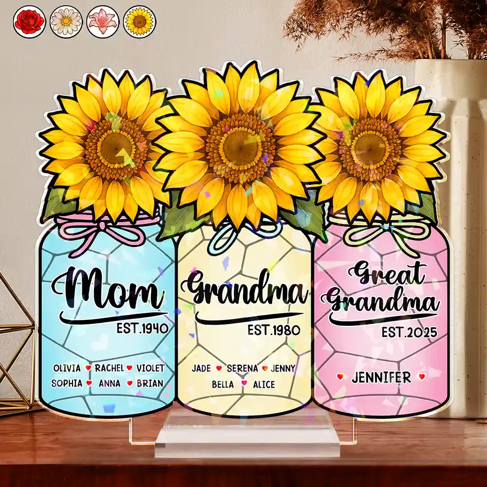Flower Mason Jar Mom Grandma Great Grandma - Personalized Holographic Acrylic Plaque