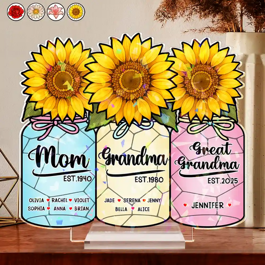Flower Mason Jar Mom Grandma Great Grandma - Personalized Holographic Acrylic Plaque