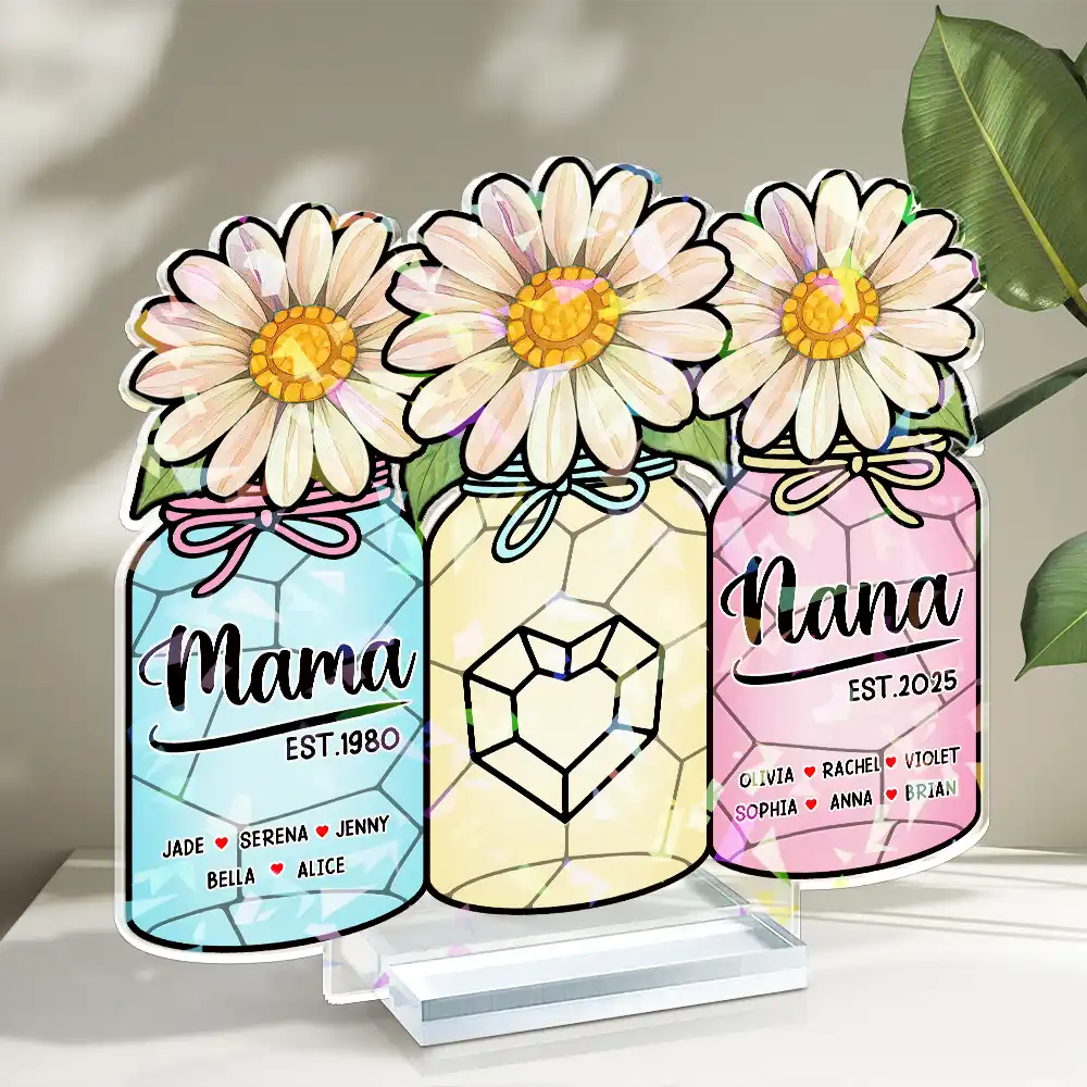 Flower Mason Jar Mom Grandma Great Grandma - Personalized Holographic Acrylic Plaque