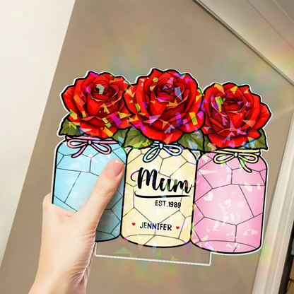 Flower Mason Jar Mom Grandma Great Grandma - Personalized Holographic Acrylic Plaque