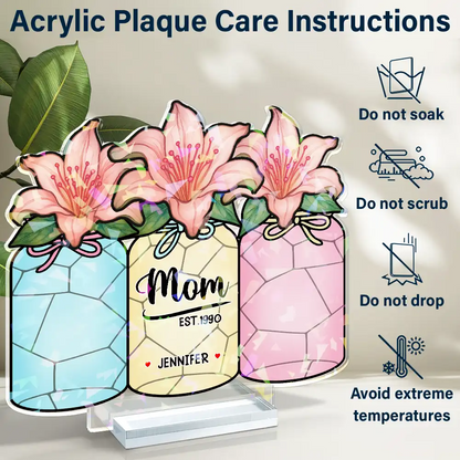 Flower Mason Jar Mom Grandma Great Grandma - Personalized Holographic Acrylic Plaque