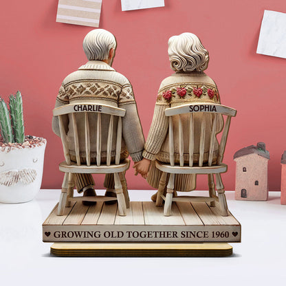 3D Effect Old Couple Holding Hands Sitting Together Personalized Standing Wooden Plaque, Heartfelt Anniversary Gift, Valentine's Day Gift For Couple, For Him, For Her, Husband, Wife