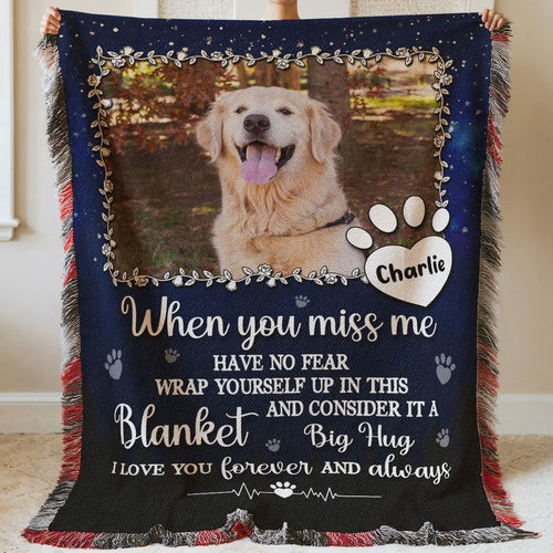 Custom Photo A Big Hug From Me Memorial Personalized Woven Blanket, Sympathy Gift For Pet Owners, Pet Lovers