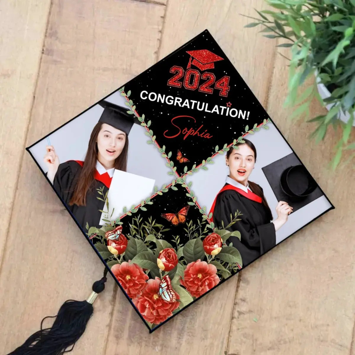 Friends - Personalized 2 Photos Floral Class Of 2024 Photo Graduation - Personalized Cap Topper Cap The Next Custom Gift