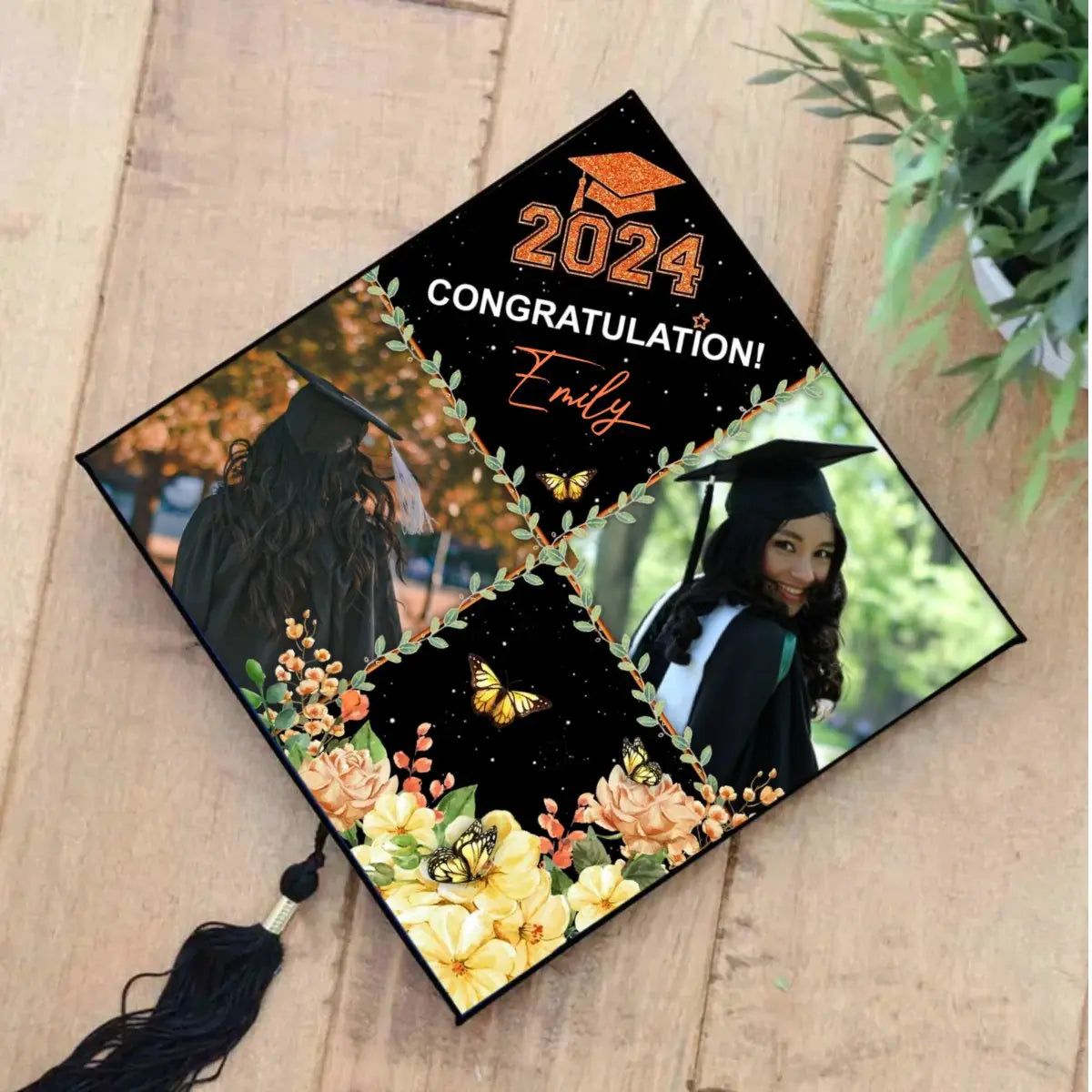 Friends - Personalized 2 Photos Floral Class Of 2024 Photo Graduation - Personalized Cap Topper Cap The Next Custom Gift