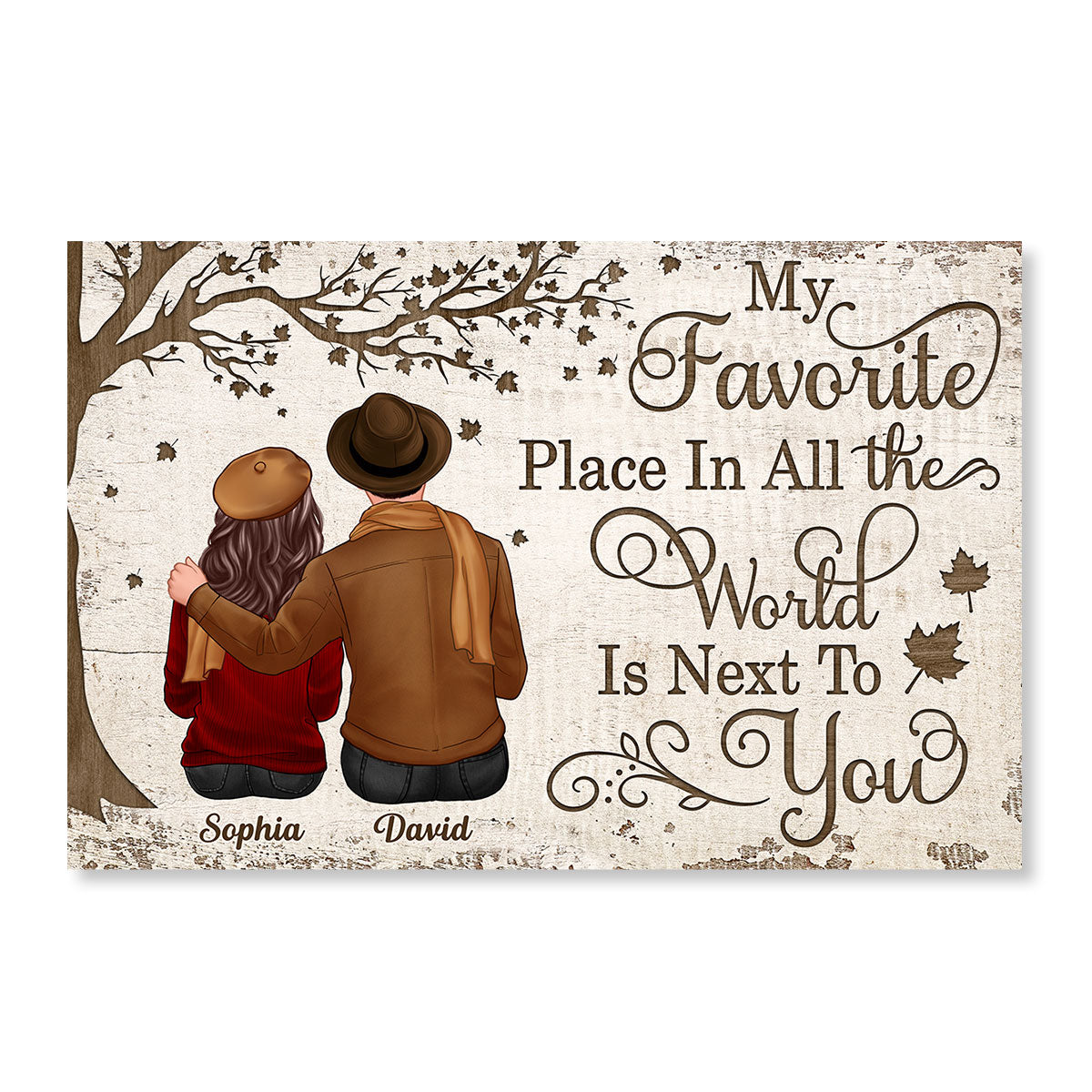 Embracing Couple Sitting Under Tree Personalized Horizontal Poster, Valentine‘s Day Gift For Him, For Her