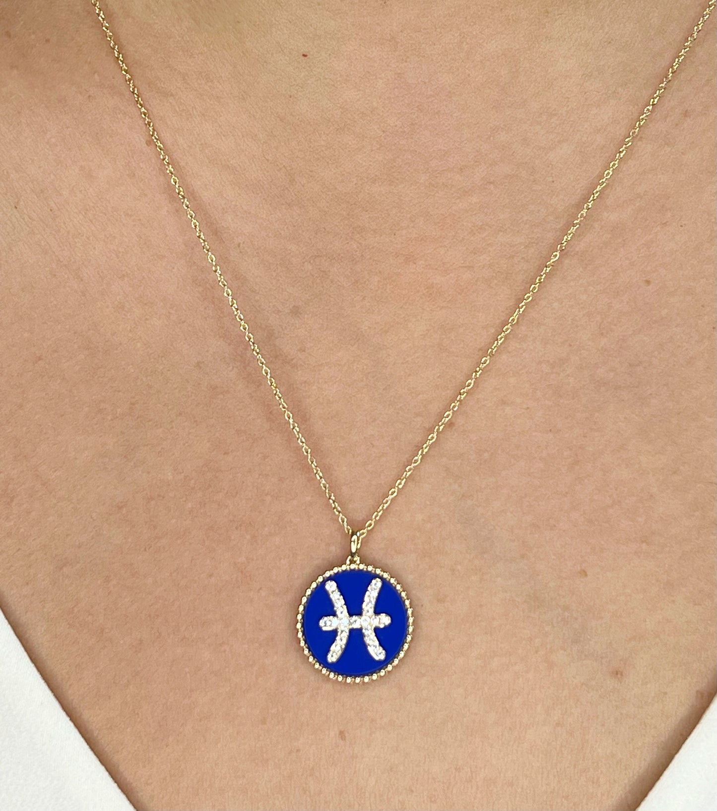 14K Gold Lapis & Diamond Pisces Zodiac Medallion