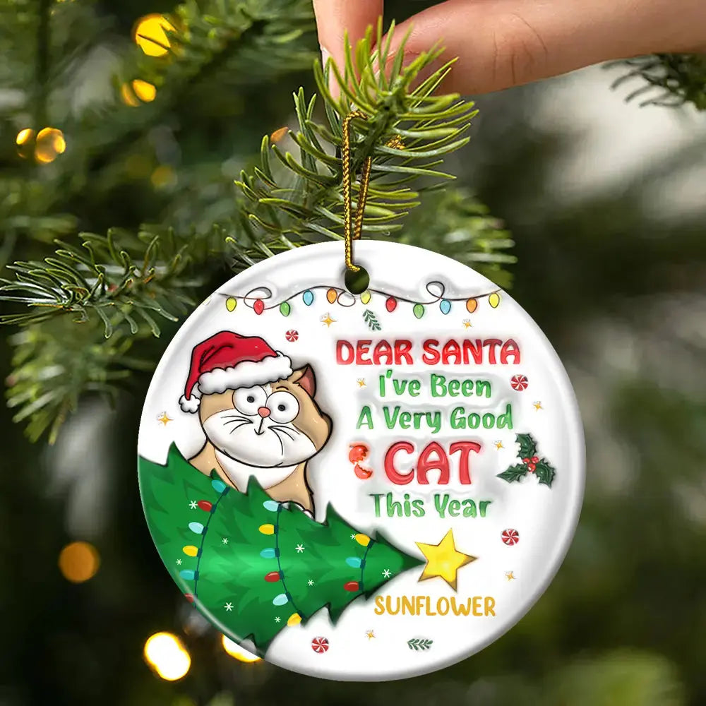 Funny Cartoon Cat On The Naughty List - 3D Inflated Effect Printed Ornament, Personalized Circle Ceramic Ornament ornament The Next Custom Gift