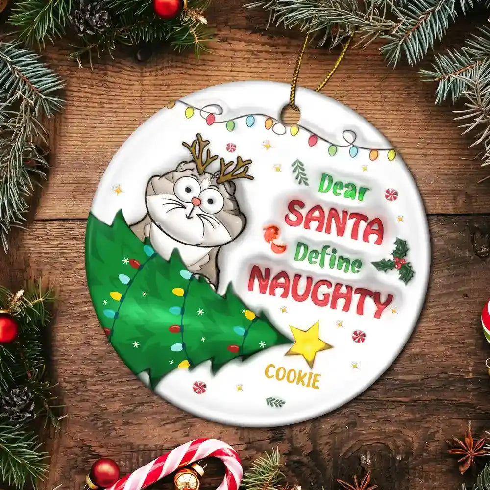 Funny Cartoon Cat On The Naughty List - 3D Inflated Effect Printed Ornament, Personalized Circle Ceramic Ornament ornament The Next Custom Gift