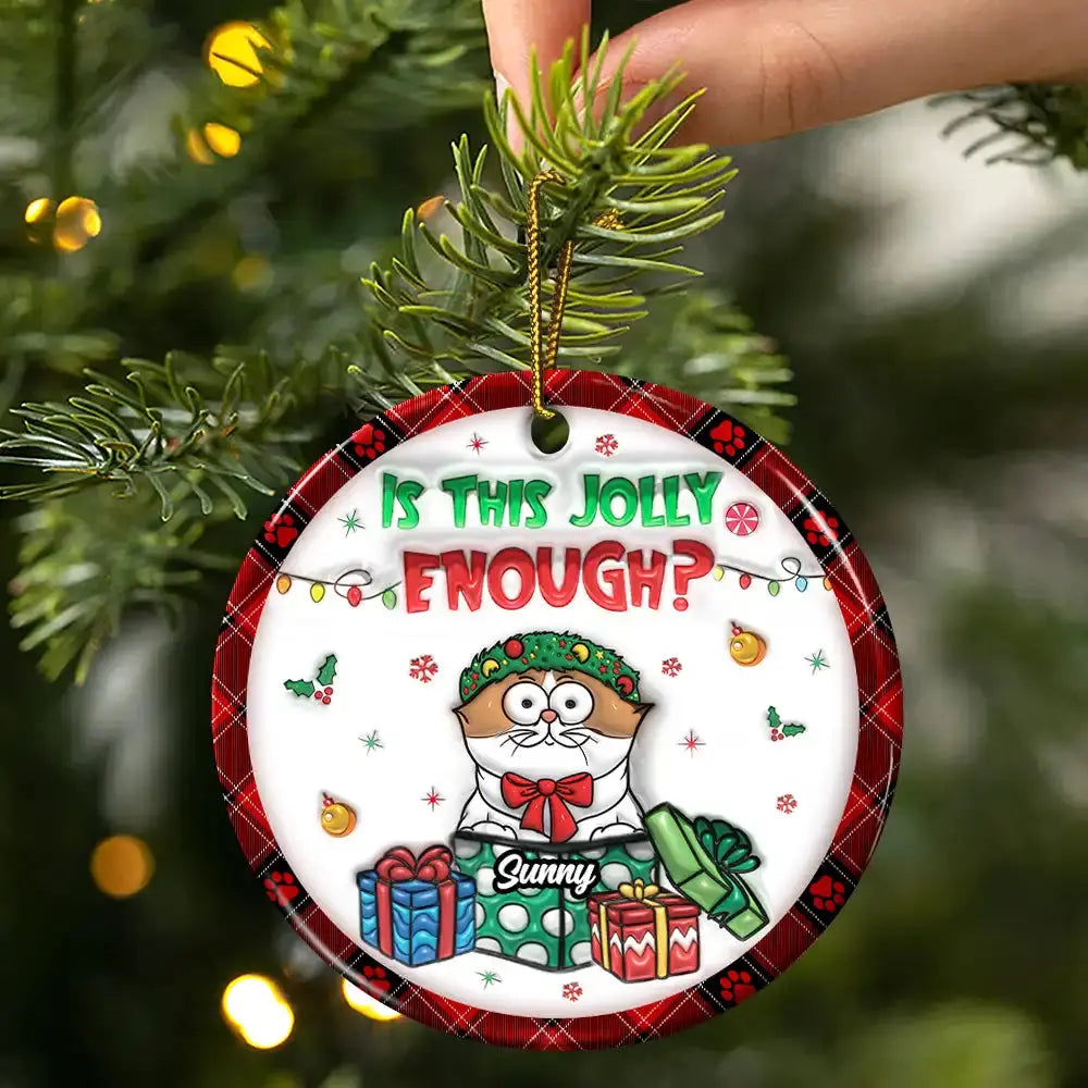 Funny Cartoon Cats Is This Jolly Enough - 3D Inflated Effect Printed Ornament, Personalized Circle Ceramic Ornament Ornament The Next Custom Gift