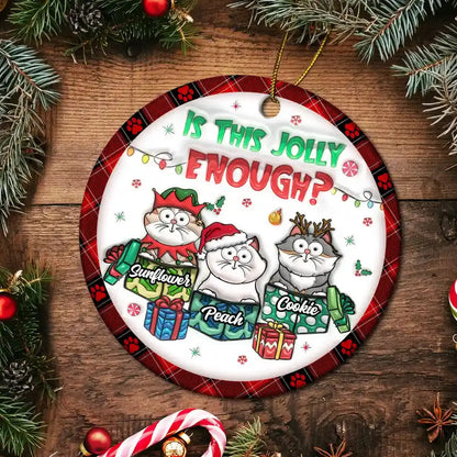 Funny Cartoon Cats Is This Jolly Enough - 3D Inflated Effect Printed Ornament, Personalized Circle Ceramic Ornament Ornament The Next Custom Gift