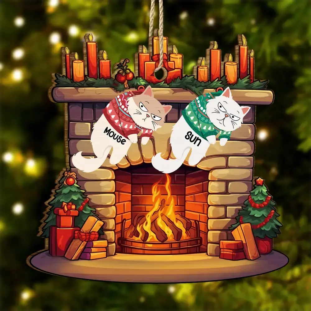 Funny Cats Hanging On Christmas Fireplace - Personalized Custom Shaped Wooden Ornament Ornament The Next Custom Gift