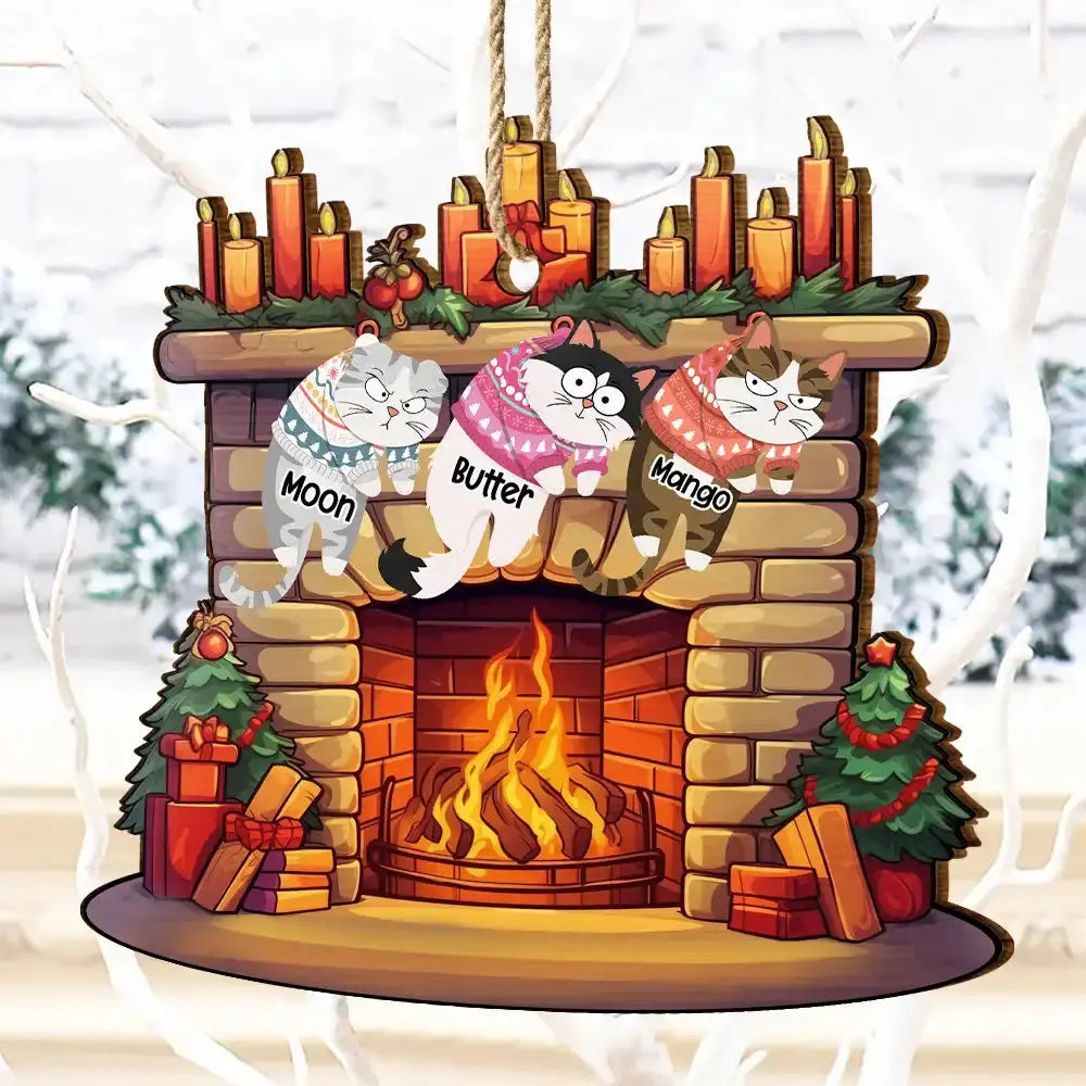 Funny Cats Hanging On Christmas Fireplace - Personalized Custom Shaped Wooden Ornament Ornament The Next Custom Gift