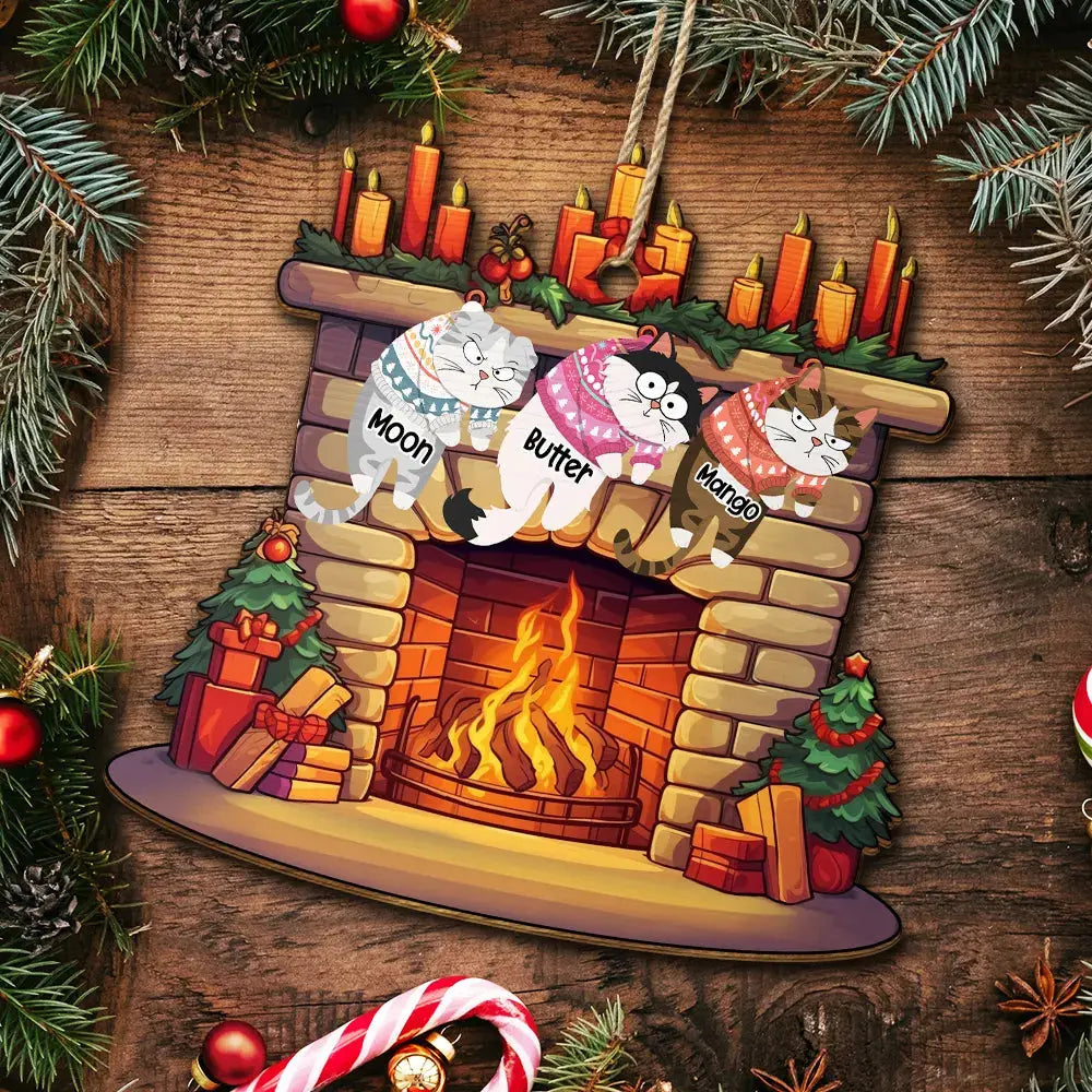 Funny Cats Hanging On Christmas Fireplace - Personalized Custom Shaped Wooden Ornament Ornament The Next Custom Gift