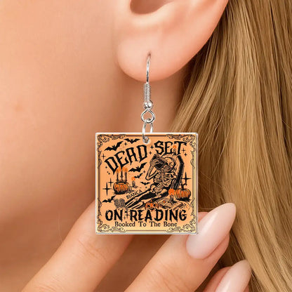 Funny Book Dead Set On Reading Skeleton Halloween - Personalized Acrylic Earrings