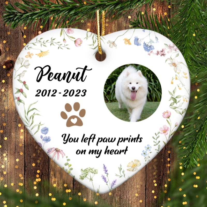 You Left Paw Prints On Our Hearts Personalized Ceramic Heart Ornament, Custom Photo Pet Memorial Gift, Dog Memorial, Cat Memorial