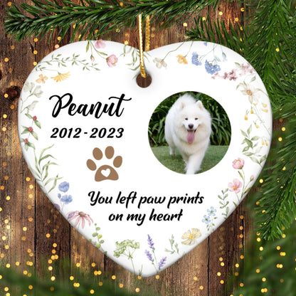 You Left Paw Prints On Our Hearts Personalized Ceramic Heart Ornament, Custom Photo Pet Memorial Gift, Dog Memorial, Cat Memorial