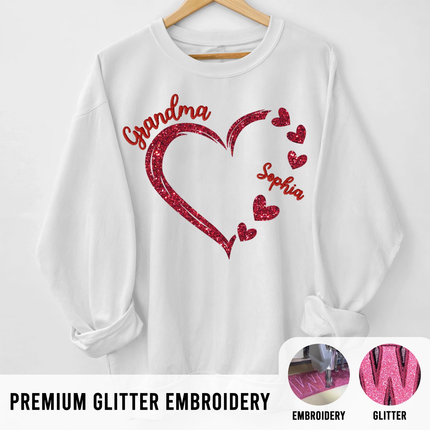 Forever In Grandma's Heart Personalized Glitter Embroidery Sweatshirt, Heartfelt Birthday Mother's Day Gift For Mom, Grandma