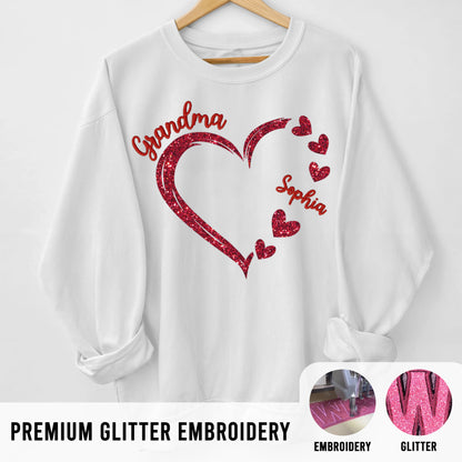 Forever In Grandma's Heart Personalized Glitter Embroidery Sweatshirt, Heartfelt Birthday Mother's Day Gift For Mom, Grandma