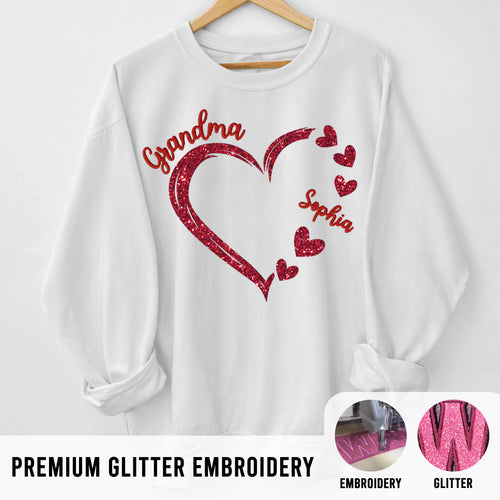 Forever In Grandma's Heart Personalized Glitter Embroidery Sweatshirt, Heartfelt Birthday Mother's Day Gift For Mom, Grandma