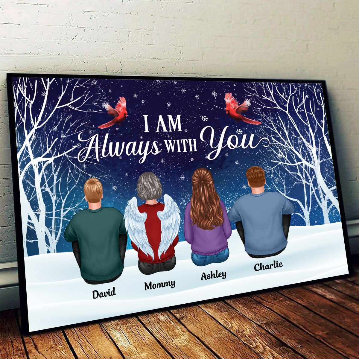 Always With You Family Sitting In Snow Memorial Remembrance Gift Personalized Horizontal Poster