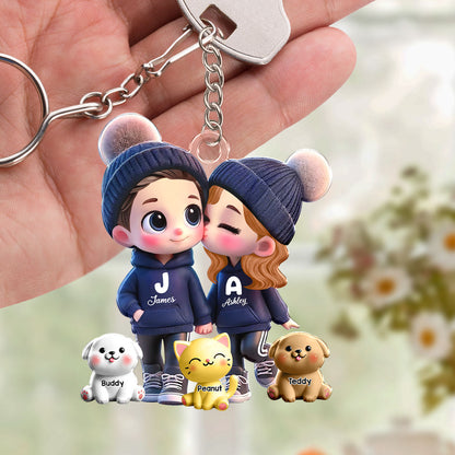 3D Cute Cartoon Couple You Me And The Dog Cat Personalized Acrylic Keychain, Valentine's Day Gift for Him, Gift for Her