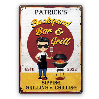 Backyard Bar & Grill Grilling Chibi - Personalized Custom Classic Metal Signs