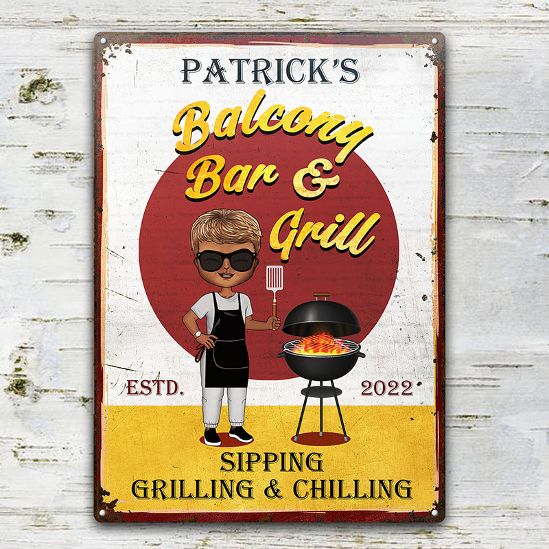 Backyard Bar & Grill Grilling Chibi - Personalized Custom Classic Metal Signs