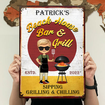 Backyard Bar & Grill Grilling Chibi - Personalized Custom Classic Metal Signs