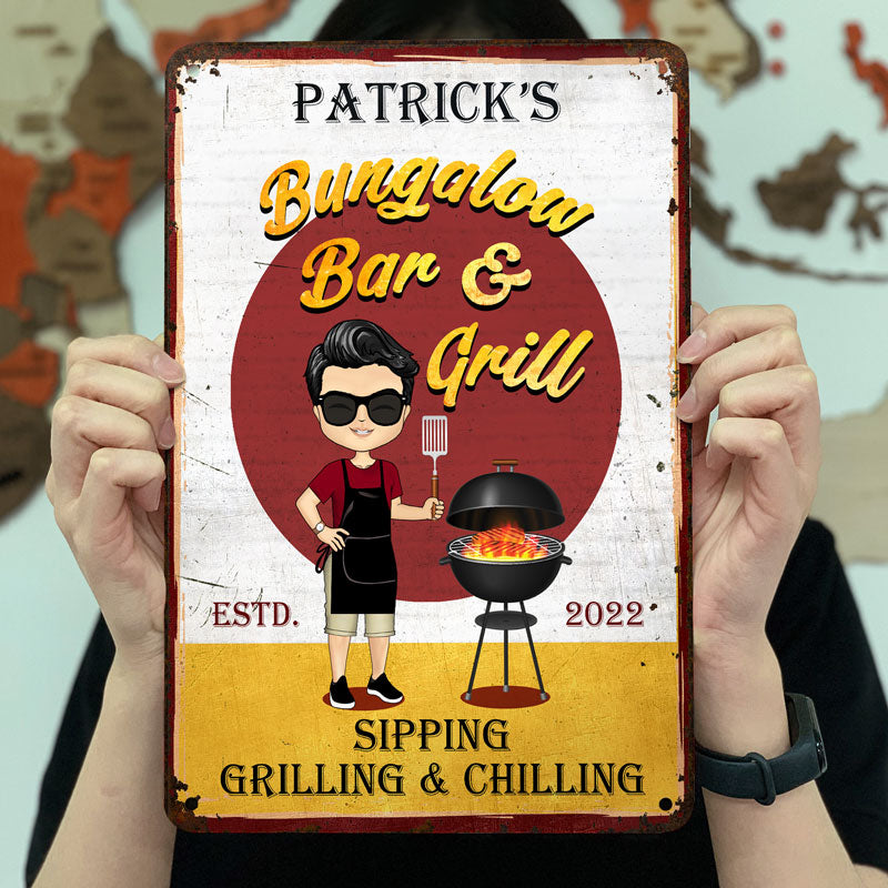 Backyard Bar & Grill Grilling Chibi - Personalized Custom Classic Metal Signs