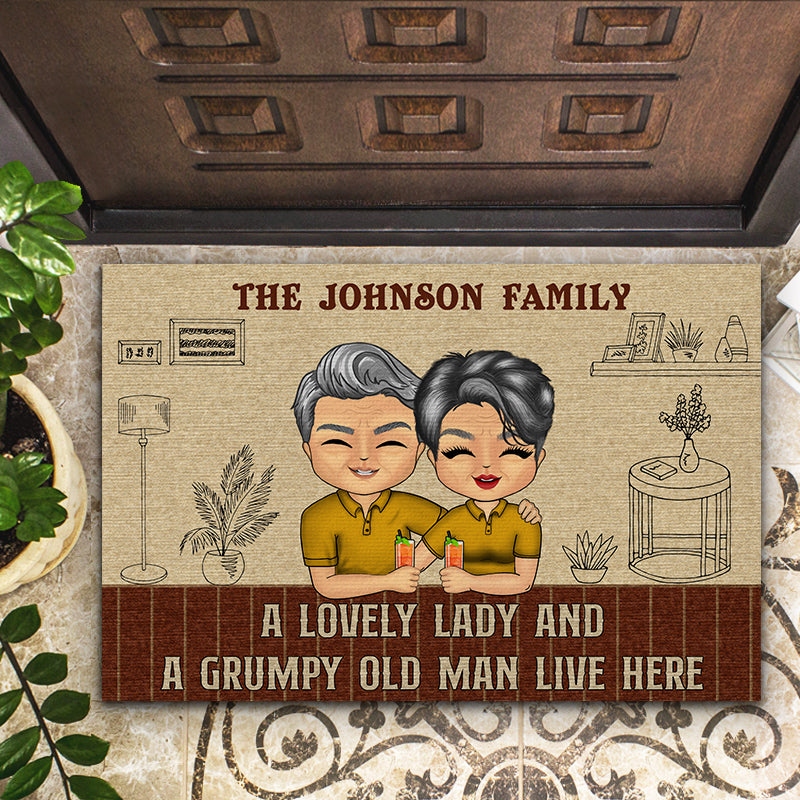 Old Couple Chibi Grumpy Old Man And His Lady - Personalized Custom Doormat