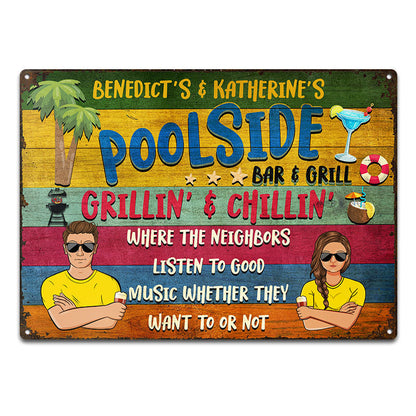 Poolside Bar & Grill Summer - Gift For Couples - Personalized Custom Classic Metal Signs