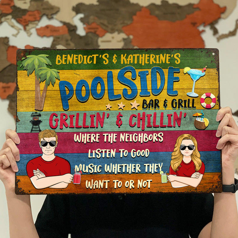 Poolside Bar & Grill Summer - Gift For Couples - Personalized Custom Classic Metal Signs