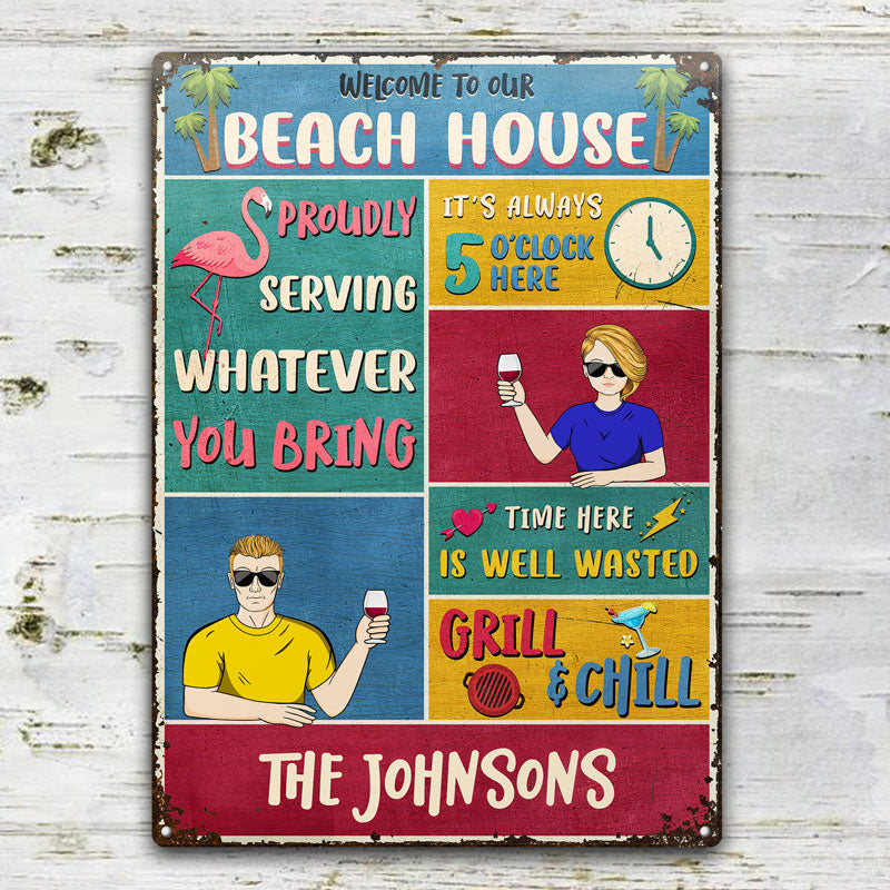 Flamingo Patio Proudly Serving Whatever - Gift For Couples - Personalized Custom Classic Metal Signs