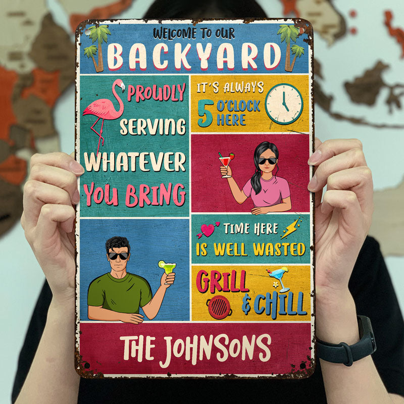 Flamingo Patio Proudly Serving Whatever - Gift For Couples - Personalized Custom Classic Metal Signs