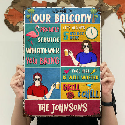 Flamingo Patio Proudly Serving Whatever - Gift For Couples - Personalized Custom Classic Metal Signs