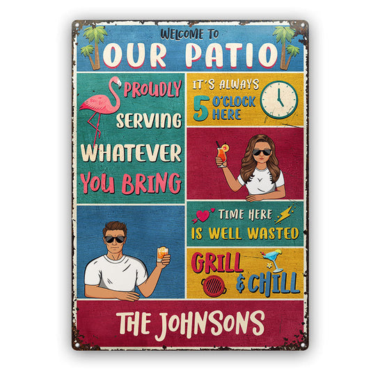 Flamingo Patio Proudly Serving Whatever - Gift For Couples - Personalized Custom Classic Metal Signs