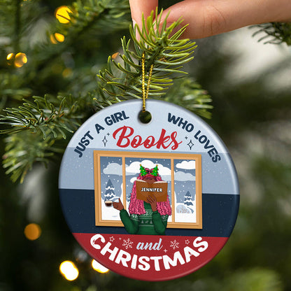 Reading Girl Who Loves Books And Christmas - Personalized Custom Circle Ceramic Ornament