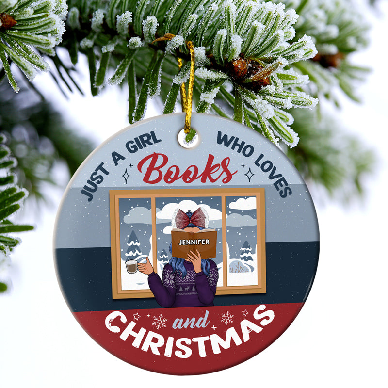 Reading Girl Who Loves Books And Christmas - Personalized Custom Circle Ceramic Ornament