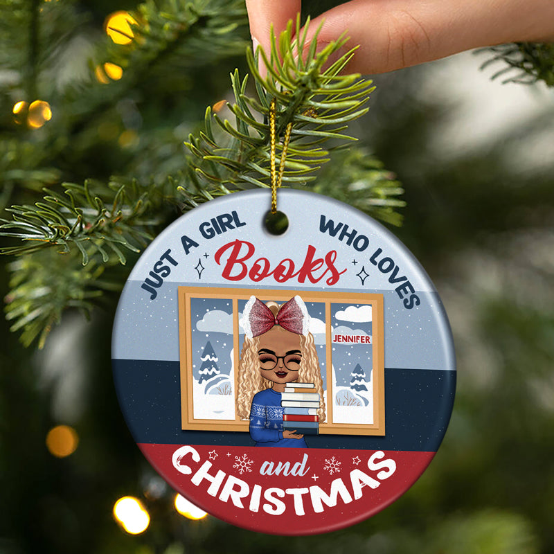 Reading Chibi Girl Who Loves Books And Christmas - Personalized Custom Circle Ceramic Ornament