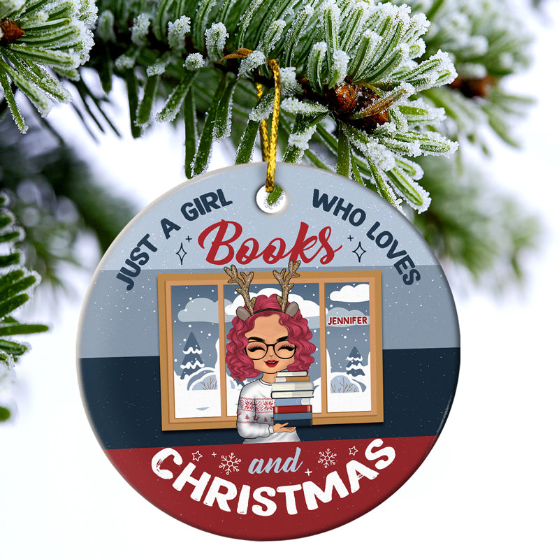 Reading Chibi Girl Who Loves Books And Christmas - Personalized Custom Circle Ceramic Ornament